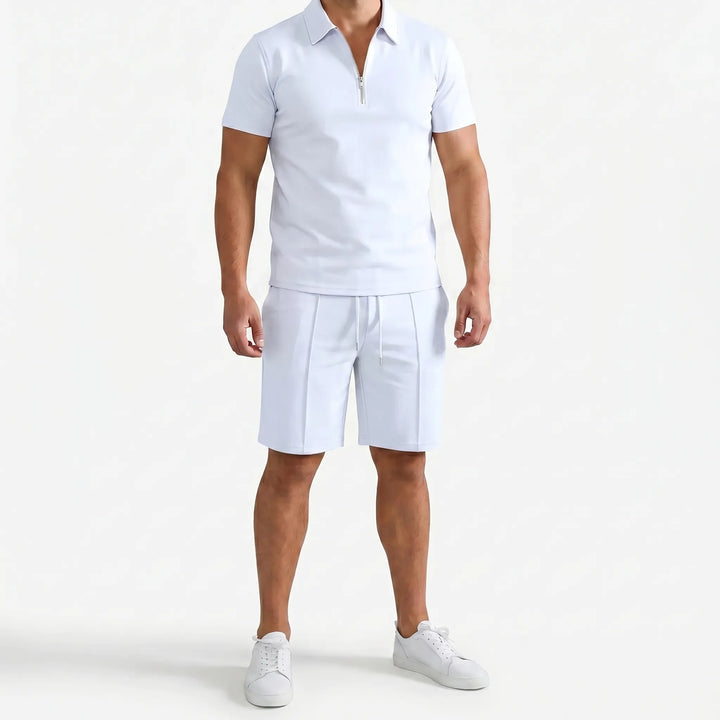 Versatile men's two-piece summer set: zip polo top & comfy drawstring shorts for casual fashion.