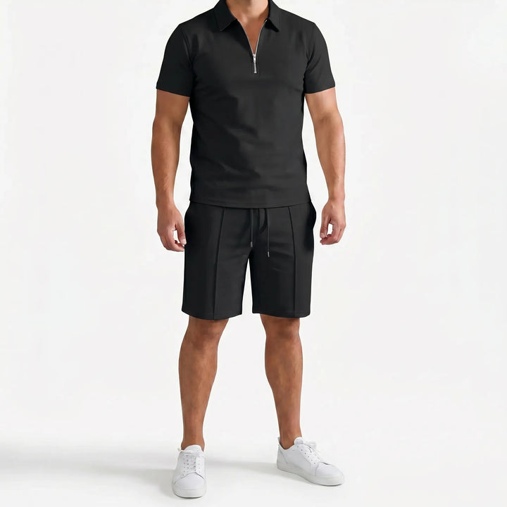 Full view of a men's comfortable zip neck polo & shorts set, great for warm weather leisure.