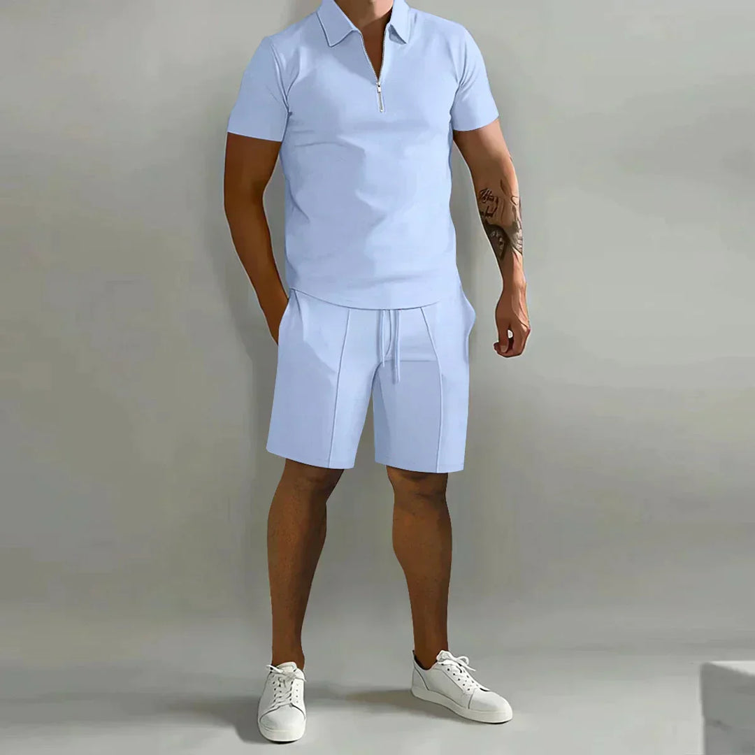 Stylish men's zip polo shirt, part of a comfortable two-piece set, ideal for summer fashion.