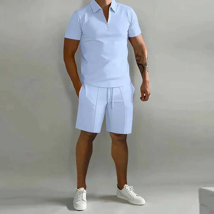 Stylish men's zip polo shirt, part of a comfortable two-piece set, ideal for summer fashion.