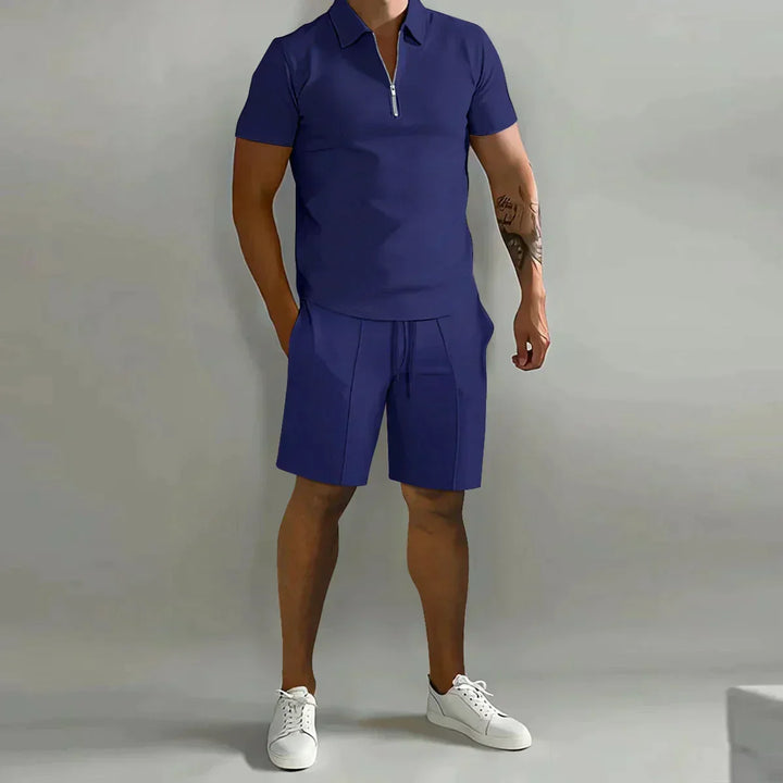 Comfortable men's shorts, paired with a zip polo in a trendy summer outfit matching set.