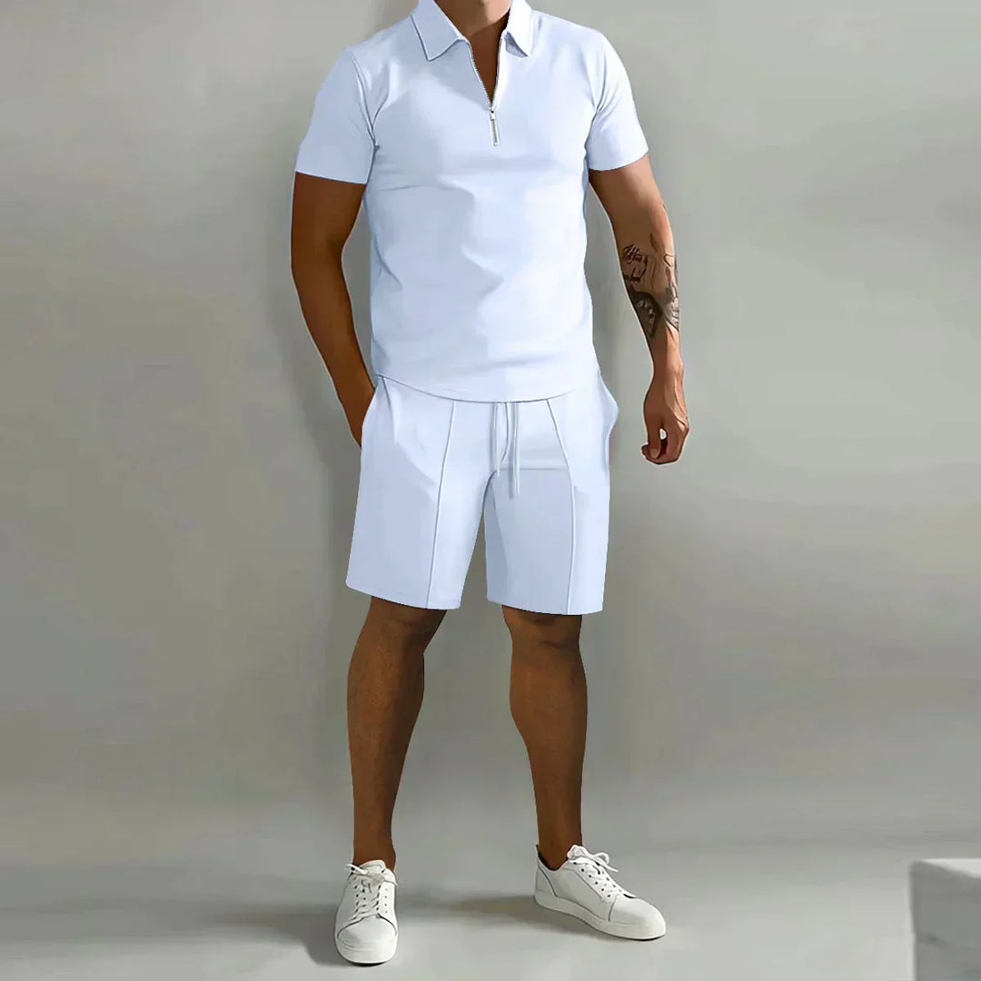Lightweight men's zip polo and shorts set, a comfortable two-piece for warm weather style.
