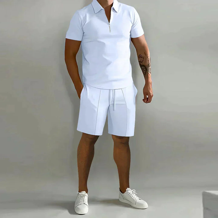 Lightweight men's zip polo and shorts set, a comfortable two-piece for warm weather style.