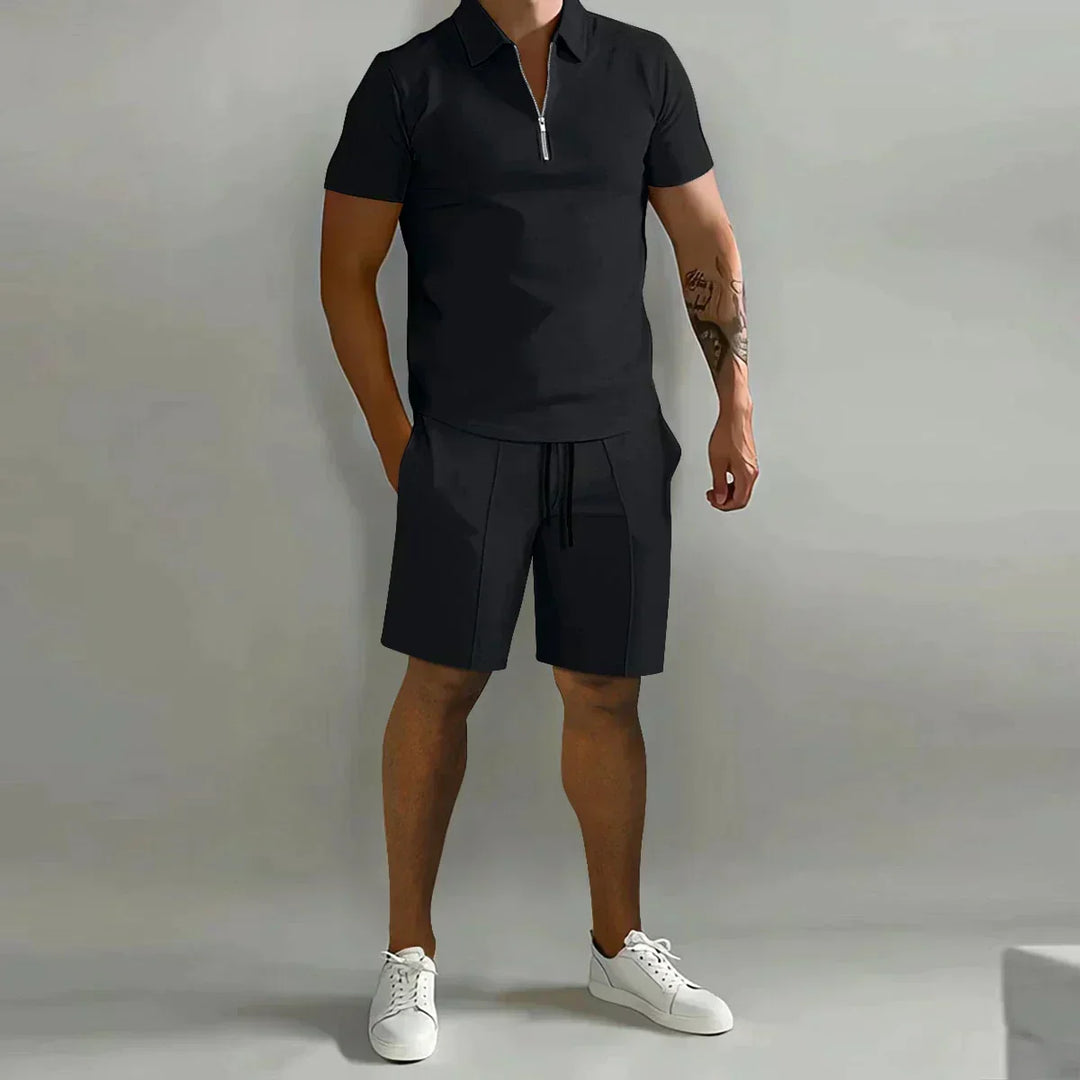 Classic men's zip polo & shorts set, a stylish matching outfit for casual summer fashion.