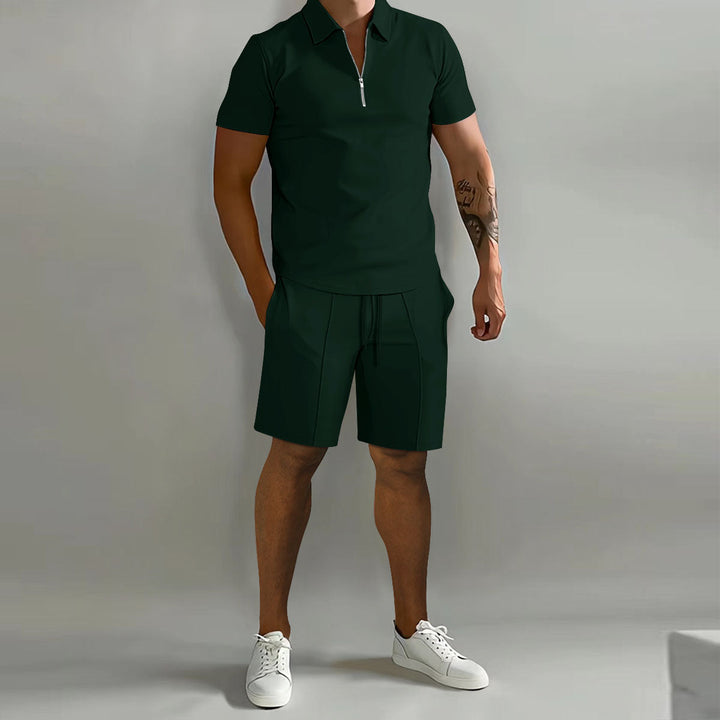 Complete men's summer outfit: a comfortable zip polo and matching shorts two-piece set.