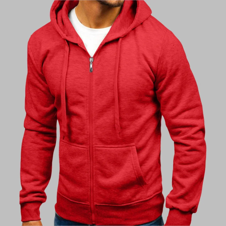 Modern men's zip-up hoodie. Versatile layering piece for casual, athletic, or streetwear outfits.