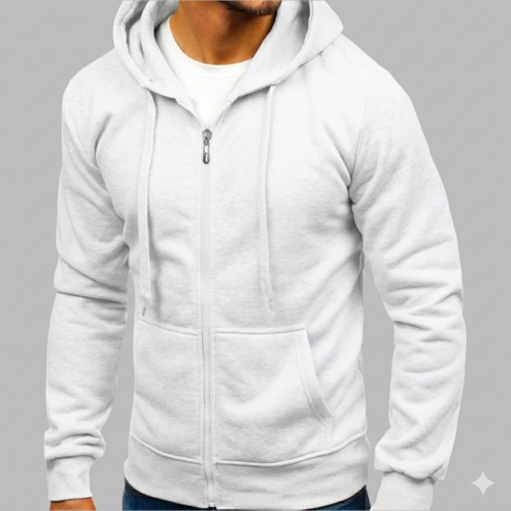 Comfortable men's zip-up hoodie, ideal for layering. Effortless style for any casual or loungewear look.