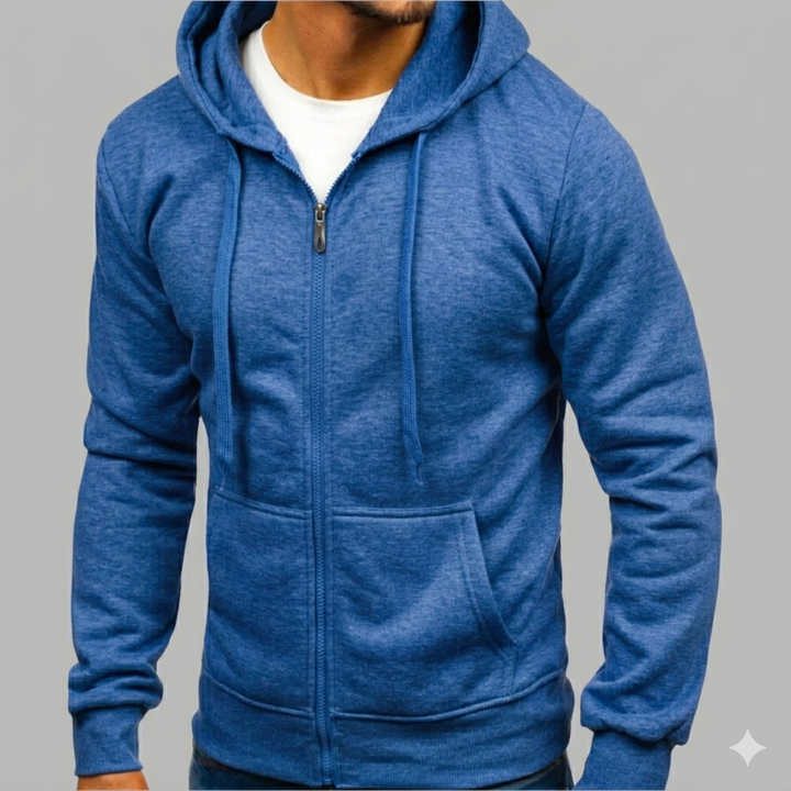 Soft men's zip-up hoodie, providing warmth & comfort. Great for loungewear, athletic cool-downs, or casual outings.