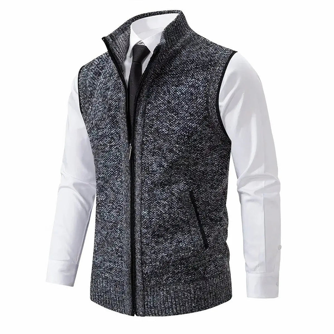 Men's zip-up knit cardigan vest in a modern smart casual style. Perfect for versatile layering.