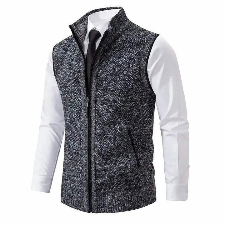 Men's zip-up knit cardigan vest in a modern smart casual style. Perfect for versatile layering.
