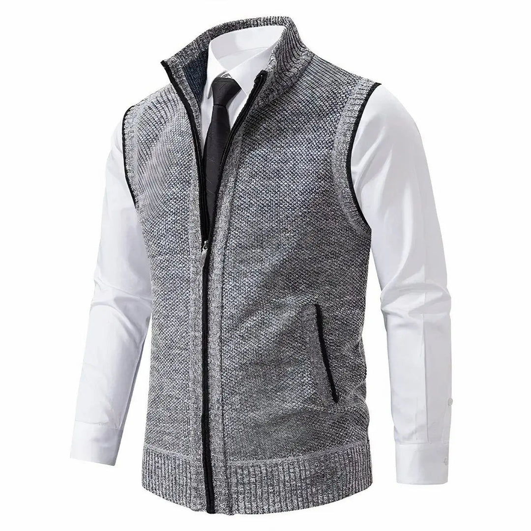 Sleeveless knitted men's vest cardigan with full zip closure, ideal for autumn office wear.