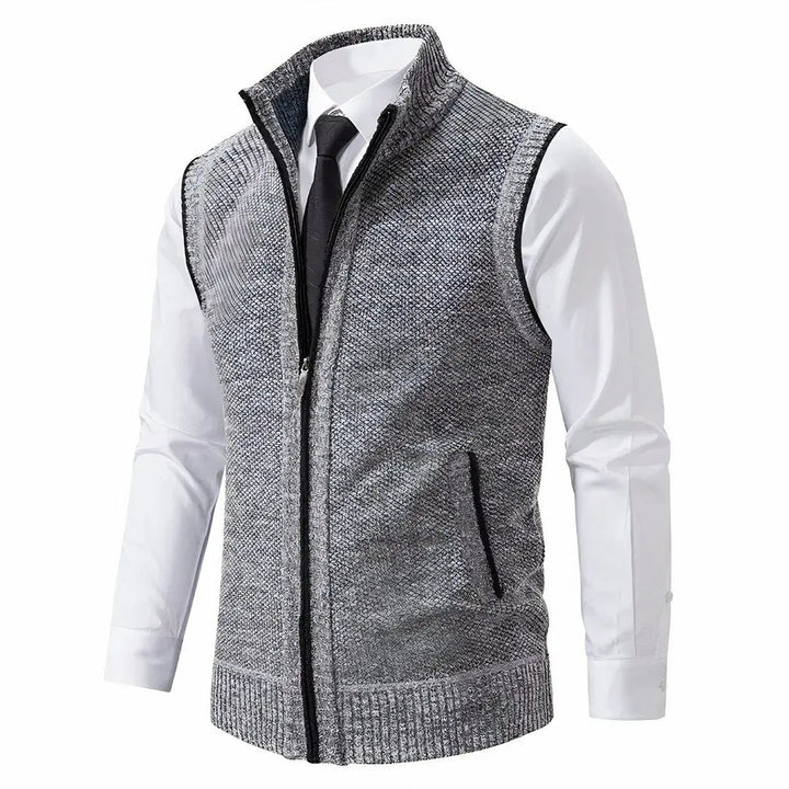 Sleeveless knitted men's vest cardigan with full zip closure, ideal for autumn office wear.