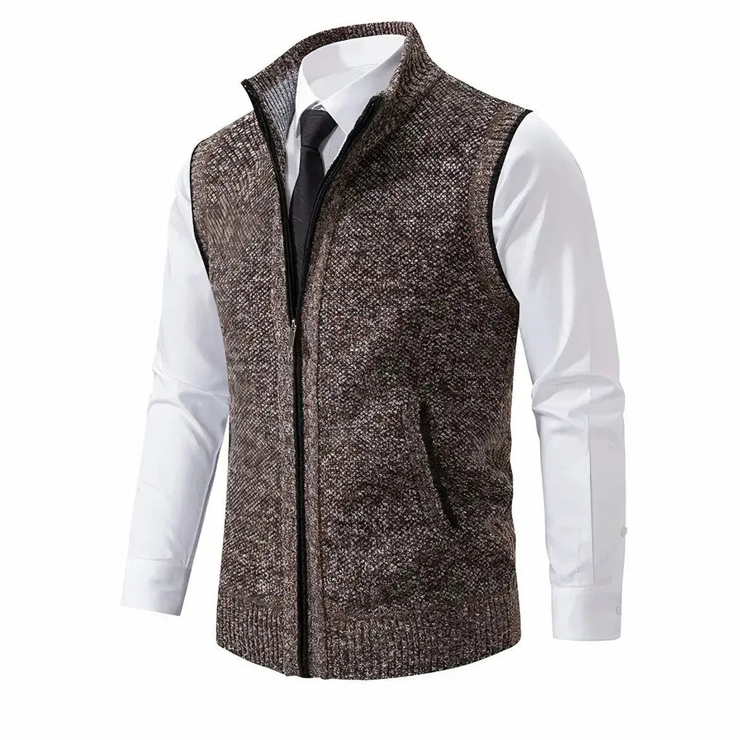 Versatile men's knit zip vest for smart layering. Great for winter fashion and casual outfits.