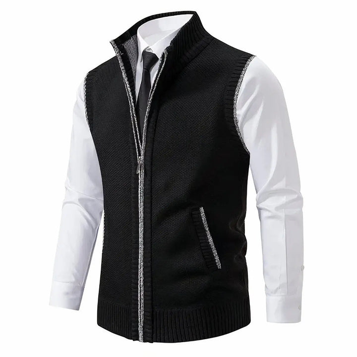 Modern men's smart casual zip-up knit vest. Sleeveless design for comfortable office or autumn style.