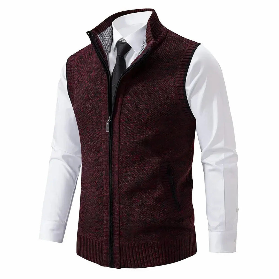 Stylish men's zip-up cardigan vest, a sleeveless knitwear piece for smart casual and office layering.