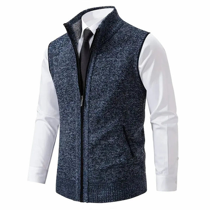Men's modern zip-up knit vest. Smart casual sleeveless cardigan for versatile layering in autumn & winter.