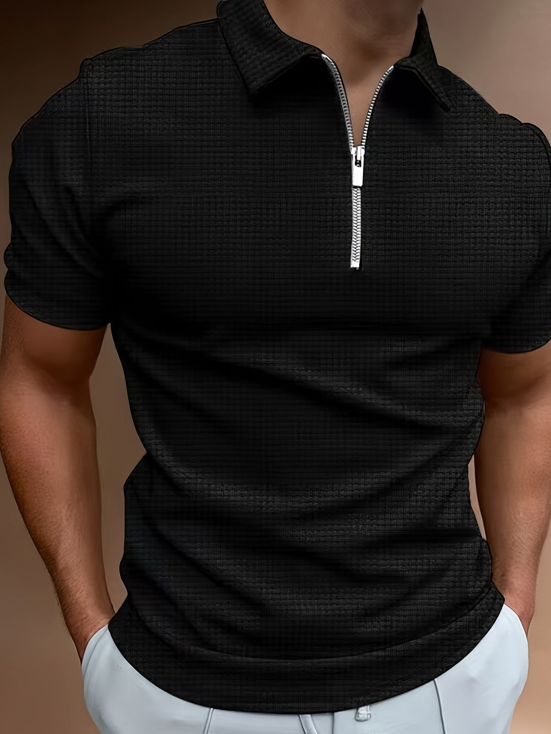 Comfortable men's zip-up short sleeve shirt, perfect for versatile summer fashion & outdoor activities.