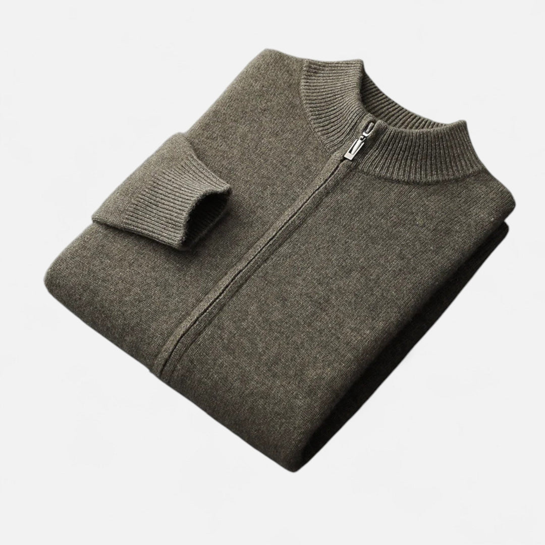 Men's zippered cardigan sweater, offering refined comfort & timeless style for fall & winter fashion.