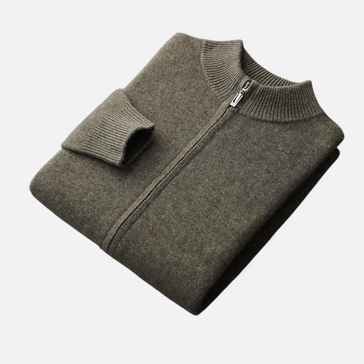 Men's zippered cardigan sweater, offering refined comfort & timeless style for fall & winter fashion.
