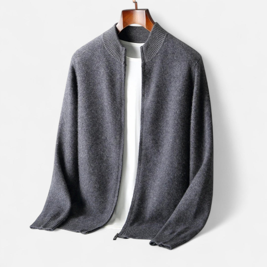 Close-up of men's zippered cardigan details, highlighting classic style, comfort & quality.