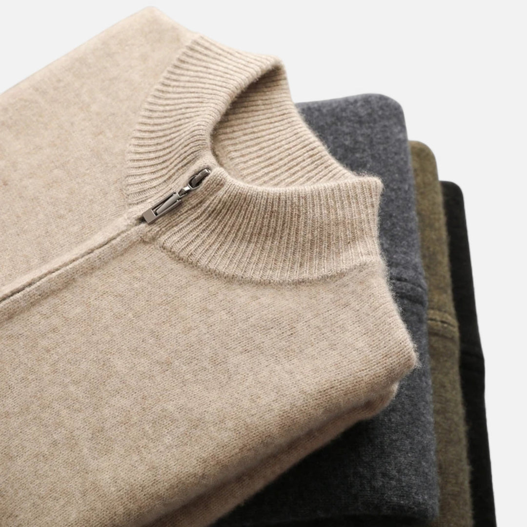 Men's zippered cardigan styled for smart casual, showcasing versatile layering & refined comfort.