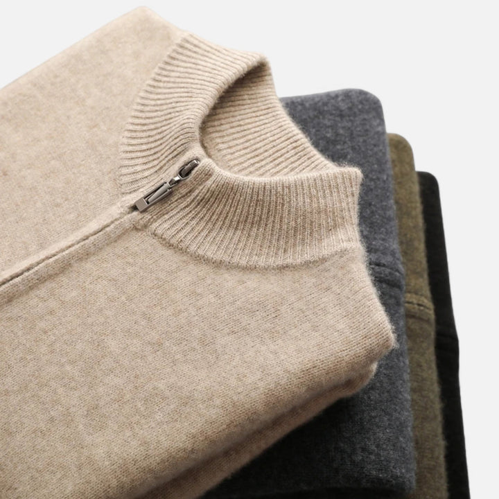 Men's zippered cardigan styled for smart casual, showcasing versatile layering & refined comfort.