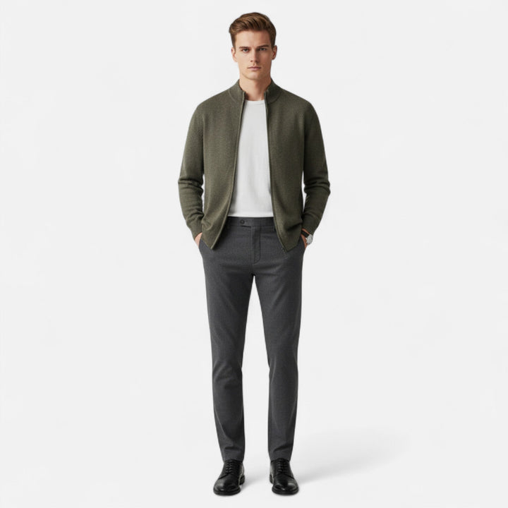 Comfortable men's zippered cardigan, perfect for versatile layering & smart casual looks.