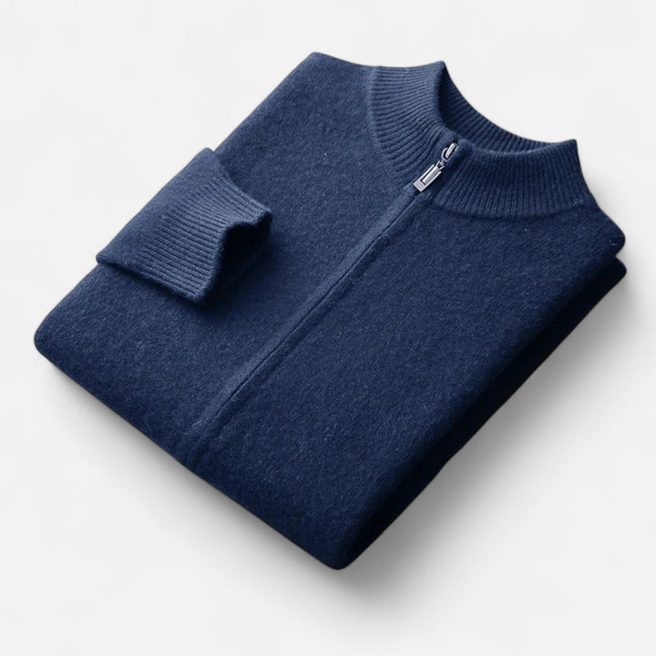 Warm men's zippered cardigan, ideal for fall & winter layering in classic men's fashion.