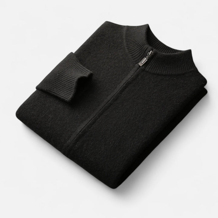 Classic men's zippered cardigan, excellent for versatile layering in fall & winter fashion.