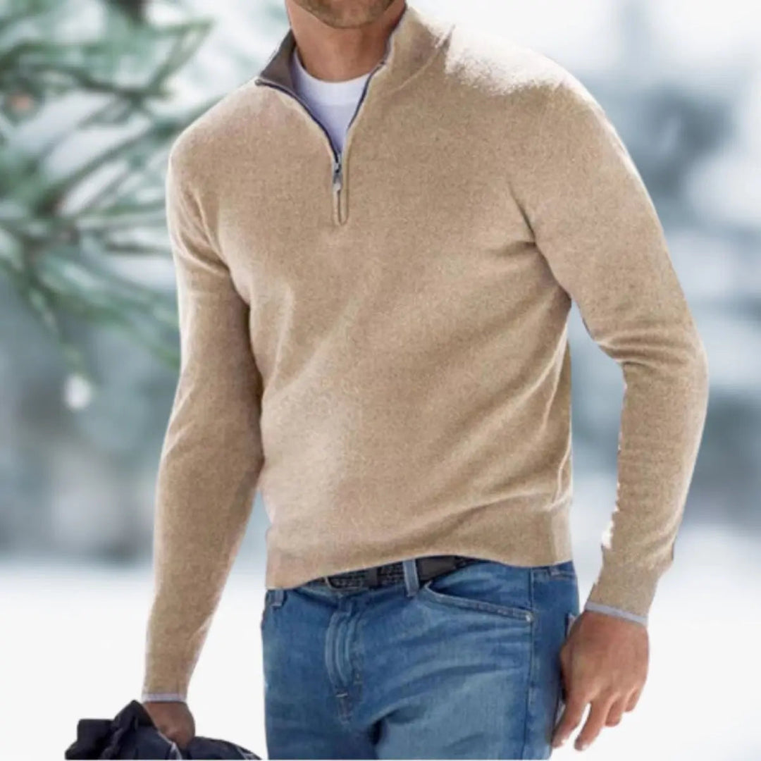 Classic men's quarter-zip sweater, a timeless knit pullover for smart casual winter style.