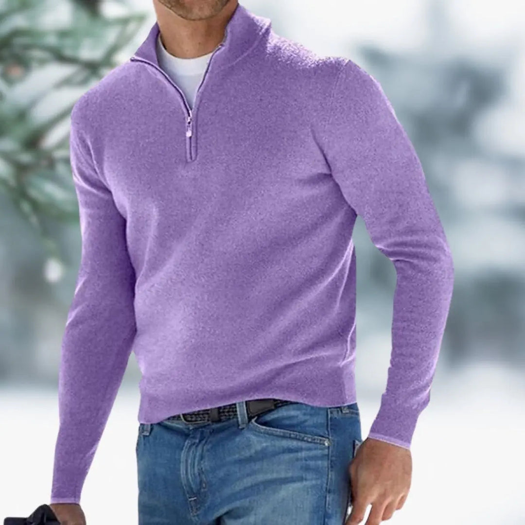 Men's smart casual quarter-zip knit sweater in a rich color, a perfect layering piece for cool weather.