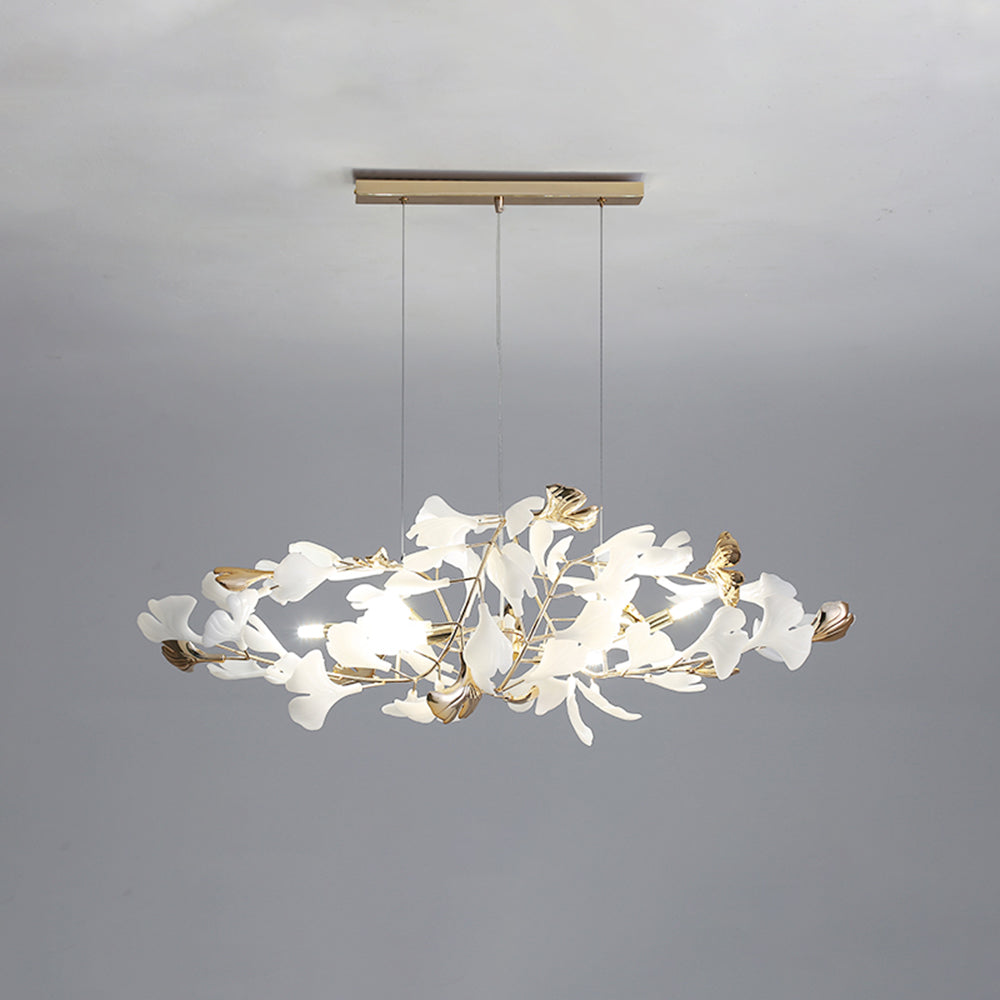 Contemporary gold & white Merrlian LED lighting fixture, sculptural pendant for modern homes.