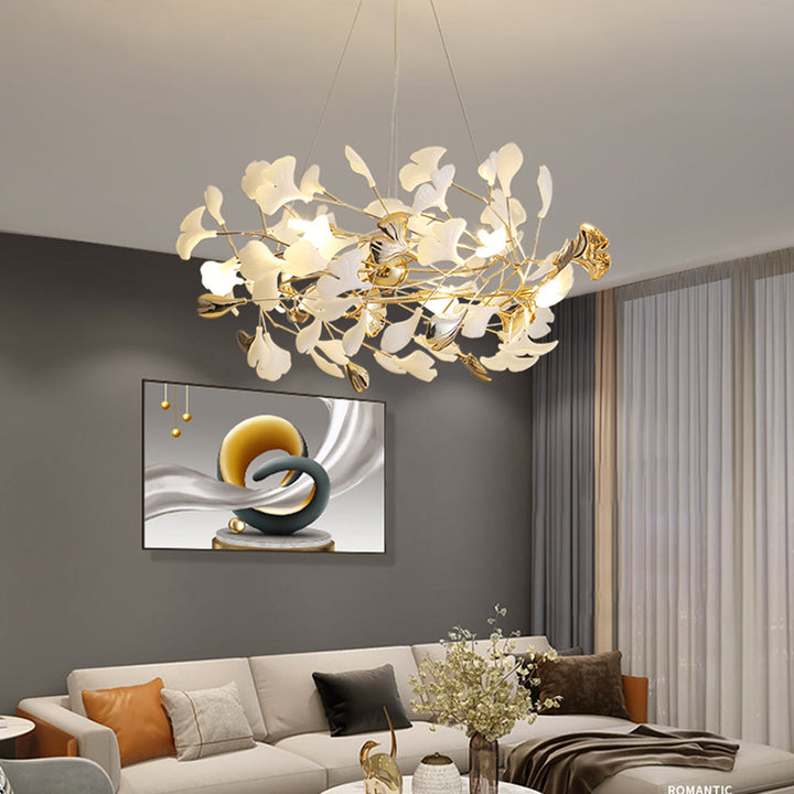 Modern gold & white Merrlian LED pendant, sculptural ceiling fixture for home decor.