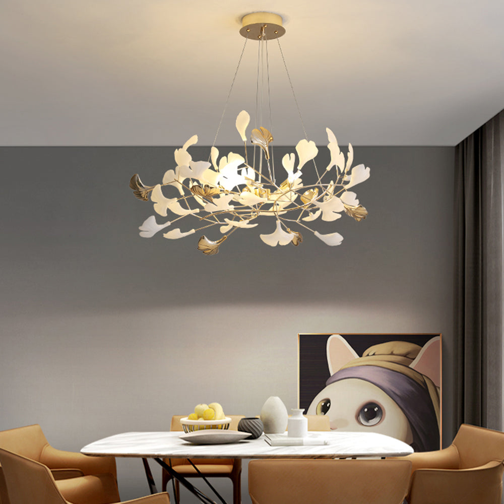 Merrlian LED sculptural chandelier, gold & white pendant light for modern dining room.