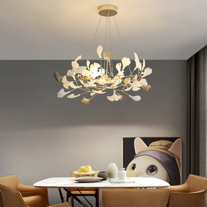 Merrlian LED sculptural chandelier, gold & white pendant light for modern dining room.