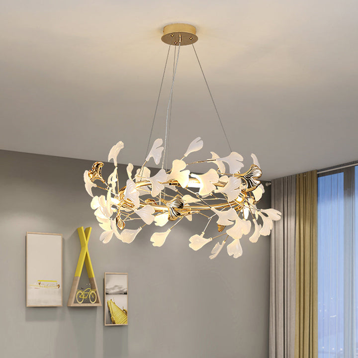 Modern Merrlian LED chandelier, sculptural gold & white ceiling fixture for living rooms.