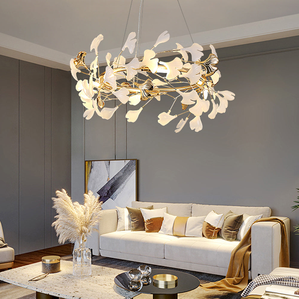 Contemporary Merrlian LED light fixture, sculptural gold & white for modern home accent.