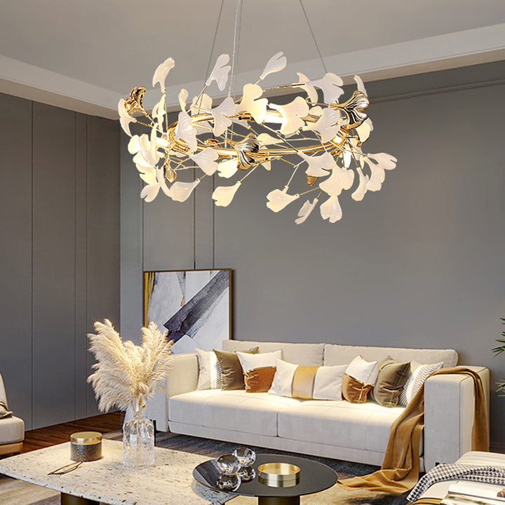 Contemporary Merrlian LED light fixture, sculptural gold & white for modern home accent.