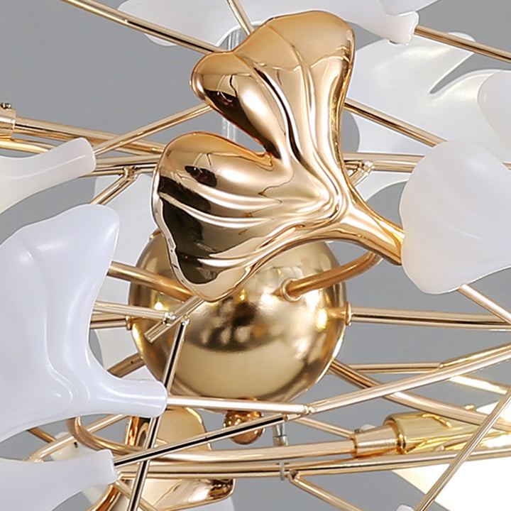 Gold & white Merrlian LED chandelier, sculptural modern lighting for elegant dining.