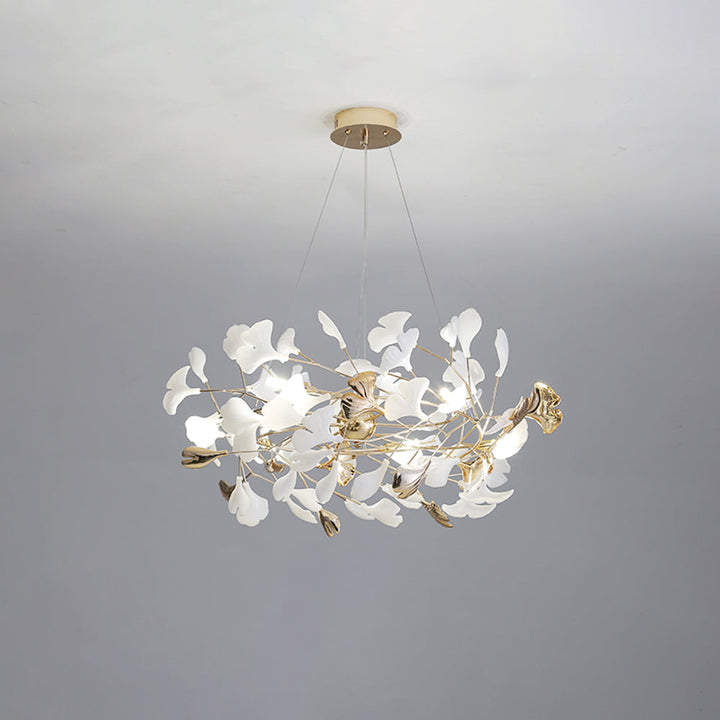 Elegant gold & white Merrlian LED fixture, sculptural modern lighting for dining room.