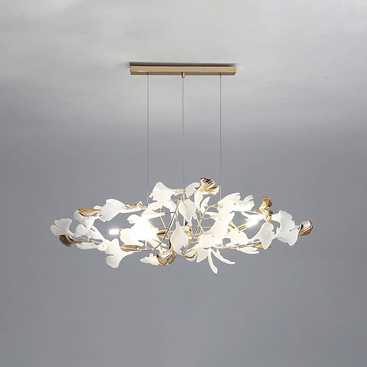 Contemporary Merrlian LED sculptural light, gold & white ceiling fixture for modern dining rooms.