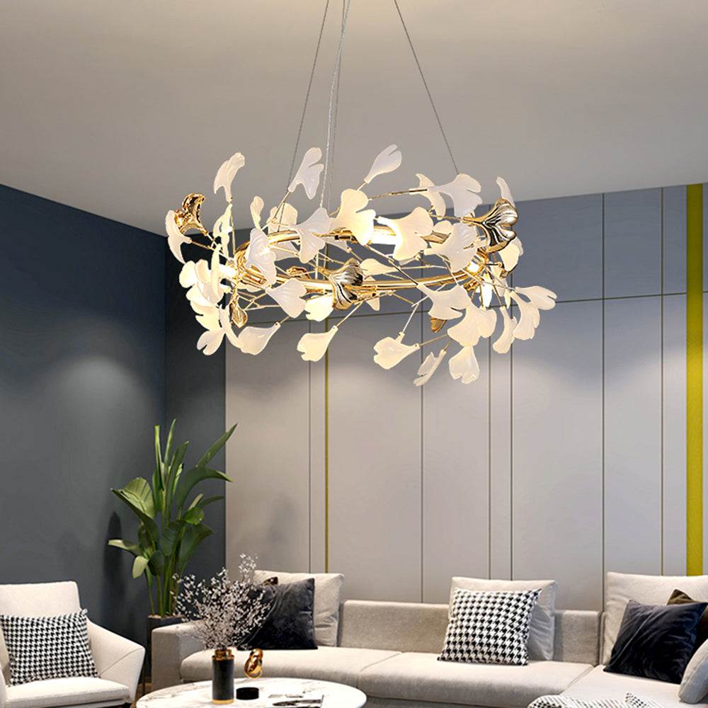Artistic Merrlian LED pendant light, sculptural gold & white chandelier for modern dining.