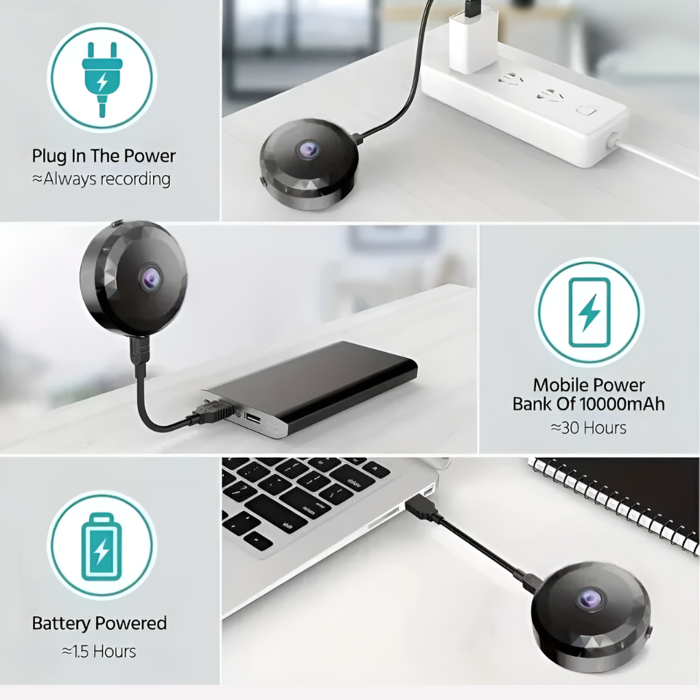 Mini 1080p wireless security camera for discreet indoor home & office monitoring with magnetic mount.