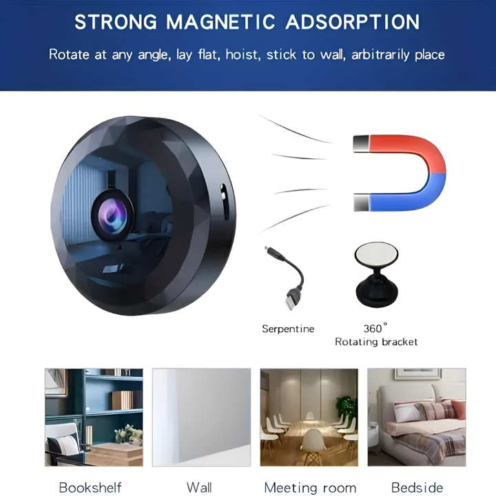Discreet 1080p wireless mini camera for home security, offers remote viewing & easy magnetic mounting.