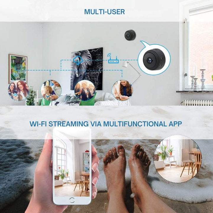 Ultra-compact HD security camera, perfect for discreet indoor surveillance with night vision.
