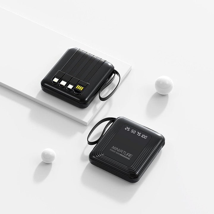 Sleek mini power bank, a universal portable charger with built-in cables for convenient fast charging anywhere.