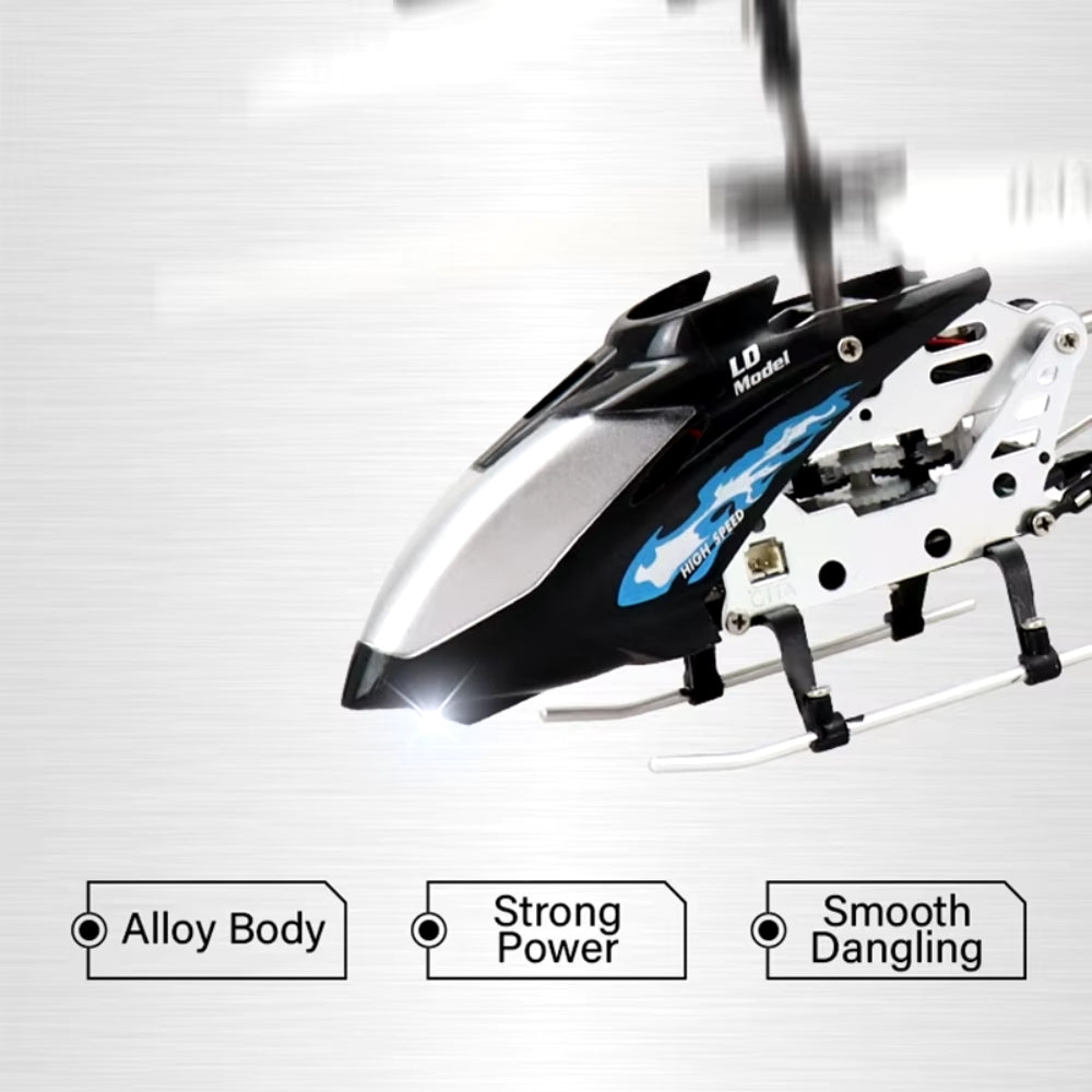Remote control unit next to a durable mini RC helicopter, ready for stable, gyro-assisted flights.