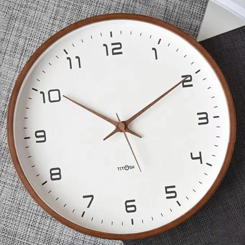 Silent wooden wall clock with minimalist Nordic design, enhancing a modern living room decor.