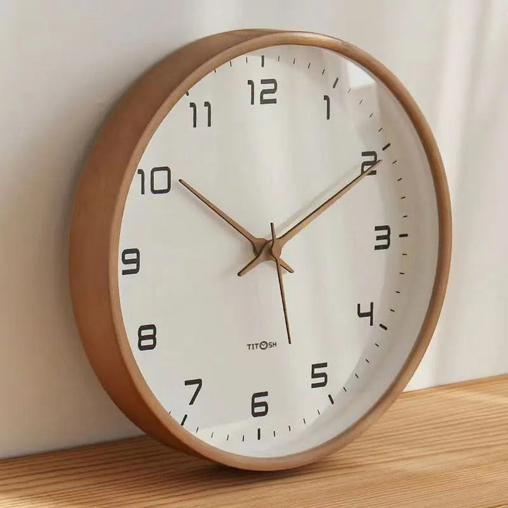 Cream & brown modern minimalist wooden wall clock, ideal for stylish home or office decor.