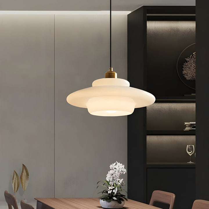 AuraBeam elegant ivory glass LED pendant, minimalist ceiling lighting.